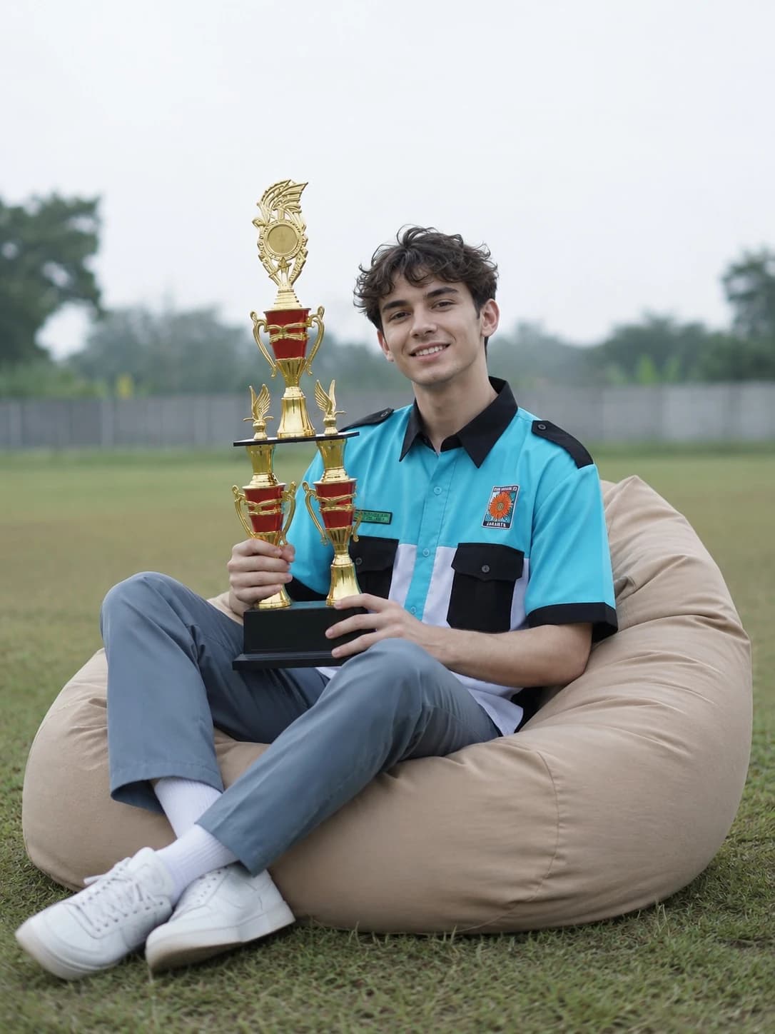 Siswa SIJA tersenyum sambil memegang piala di lapangan
